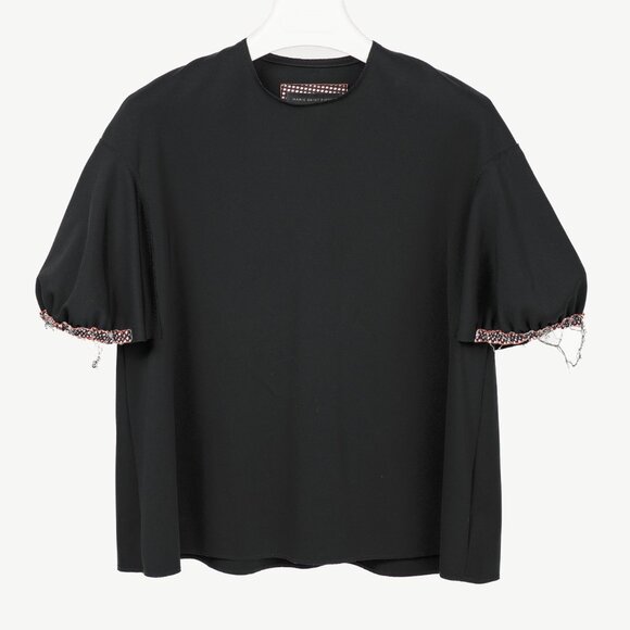 Marie Saint Pierre Black Neoprene Trimmed-Puff-Sleeve T-Shirt - Picture 1 of 8